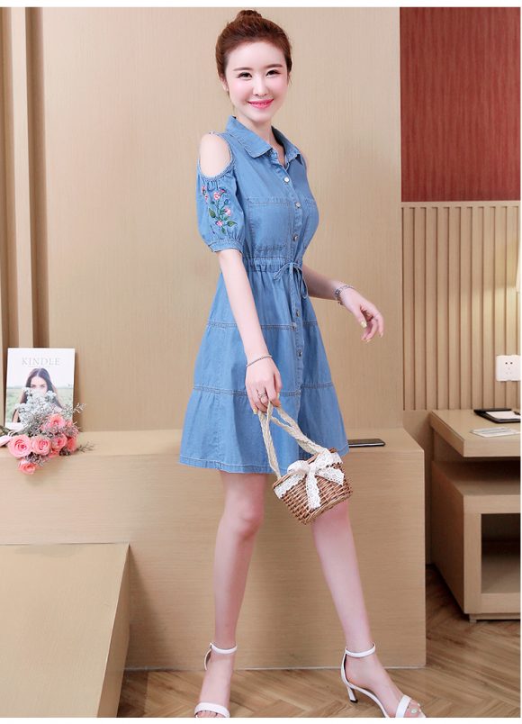 ĐẦM JEAN ĐẸP CHỮ A CỔ SƠ MI KHOÉT VAI THÊU HOA